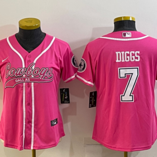 Women's Dallas Cowboys #7 Trevon Diggs Pink With Patch Cool Base Stitched Baseball Jersey(Run Small)