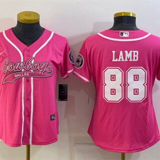 Women's Dallas Cowboys #88 CeeDee Lamb Pink With Patch Cool Base Stitched Baseball Jersey(Run Small)