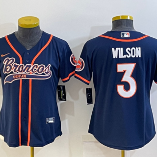 Women's Denver Broncos #3 Russell Wilson Navy With Patch Cool Base Stitched Baseball Jersey(Run Small)