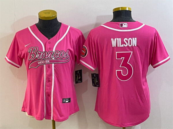 Women's Denver Broncos #3 Russell Wilson Pink With Patch Cool Base Stitched Baseball Jersey(Run Small)
