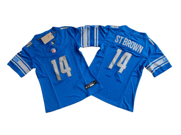 Women's Detroit Lions #14 Amon-Ra St. Brown Blue 2023 F.U.S.E. Vapor Limited Stitched Football Jersey(Run Smaller)