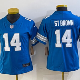 Women's Detroit Lions #14 Amon-Ra St. Brown Blue Stitched Jersey(Run Smaller)