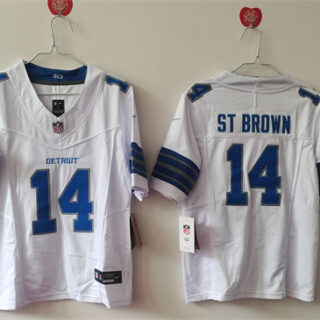 Women's Detroit Lions #14 Amon-Ra St. Brown White 2024 F.U.S.E. Vapor Limited Stitched Jersey(Run Smaller)