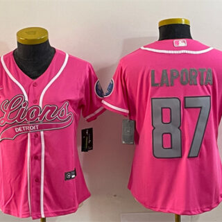 Women's Detroit Lions #87 Sam LaPorta Pink With Patch Cool Base Stitched Baseball Jersey(Run Small)