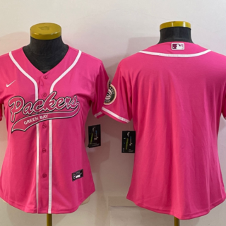 Women's Green Bay Packers Blank Pink With Patch Cool Base Stitched Baseball Jersey(Run Small)