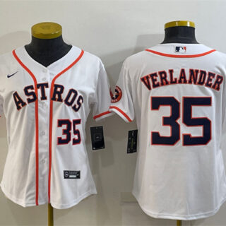 Women's Houston Astros #35 Justin Verlander White With Patch Cool Base Stitched Baseball Jerseys(Run Small)
