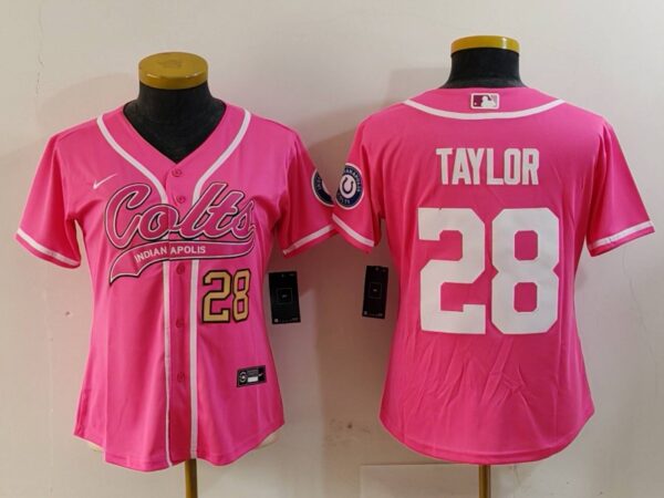Women's Indianapolis Colts #28 Jonathan Taylor Pink With Patch Cool Base Stitched Baseball Jersey(Run Small)