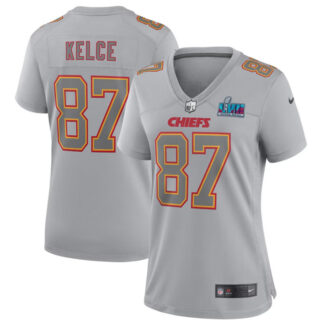 Women's Kansas City Chiefs #87 Travis Kelce Grey Super Bowl LVII Patch Atmosphere Fashion Stitched Game Jersey(Run Small)