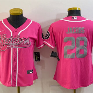 Women's Las Vegas Raiders #28 Josh Jacobs Pink Silver With Patch Cool Base Stitched Baseball Jersey(Run Small)