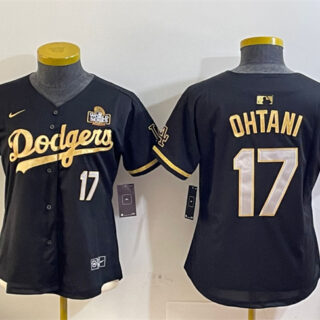 Women's Los Angeles Dodgers #17 Shohei Ohtani Black Gold 2024 World Series Vin & Kobe Patch Limited Stitched Baseball Jersey(Run Small)