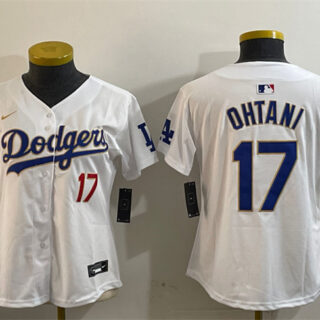 Women's Los Angeles Dodgers #17 Shohei Ohtani White Gold 2024 World Series Home Limited Stitched Baseball Jersey(Run Small)