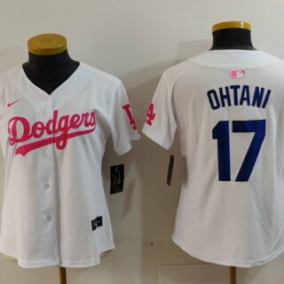 Women's Los Angeles Dodgers #17 Shohei Ohtani White Pink Vin & Kobe Patch Stitched Baseball Jersey(Run Small)