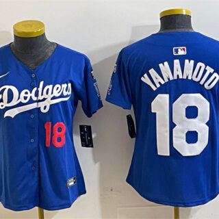 Women's Los Angeles Dodgers #18 Yoshinobu Yamamoto Royal 2024 World Series With Fernando Memorial Patch Alternate Limited Stitched Baseball Jersey(Run Small)