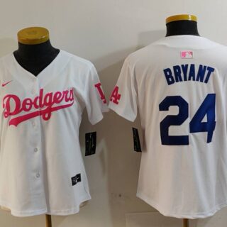 Women's Los Angeles Dodgers #24 Kobe Bryant White Pink Vin & Kobe Patch Stitched Baseball Jersey(Run Small)