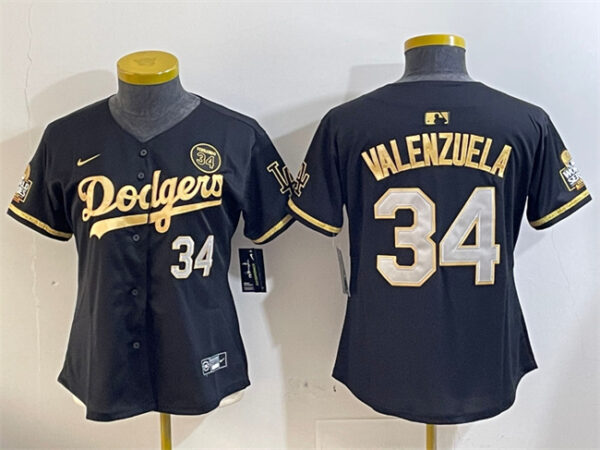 Women's Los Angeles Dodgers #34 Toro Valenzuela Black Gold 2024 World Series With Fernando Memorial Patch Limited Stitched Baseball Jersey(Run Small)