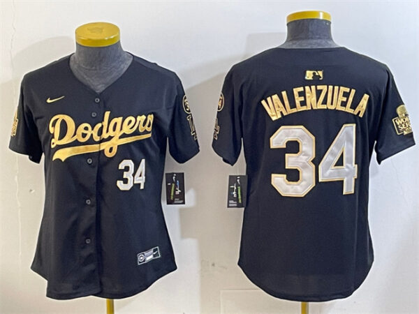 Women's Los Angeles Dodgers #34 Toro Valenzuela Black Gold 2024 World Series With Fernando Memorial Patch Limited Stitched Baseball JerseyS(Run Small)