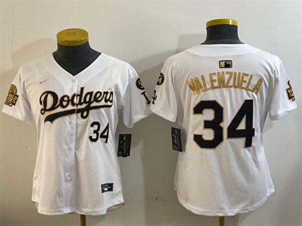 Women's Los Angeles Dodgers #34 Toro Valenzuela White Gold 2024 World Series With Fernando Memorial Patch Home Limited Stitched Baseball Jersey(Run Small)