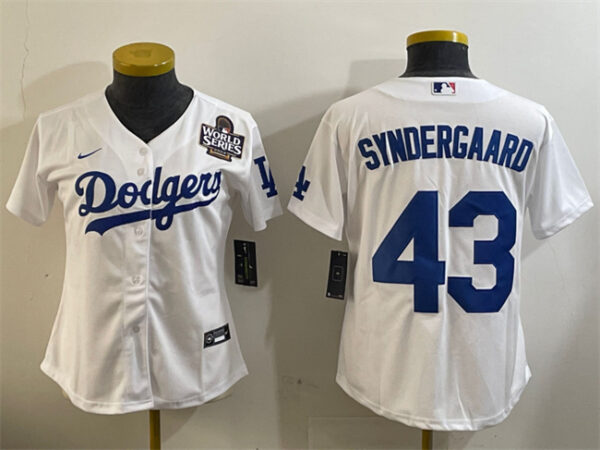 Women's Los Angeles Dodgers #43 Noah Syndergaard White 2024 World Series Cool Base Stitched Baseball Jersey(Run Small)