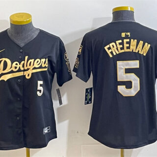 Women's Los Angeles Dodgers #5 Freddie Freeman Black Gold 2024 World Series With Fernando Memorial Patch Limited Stitched Baseball Jersey(Run Small)