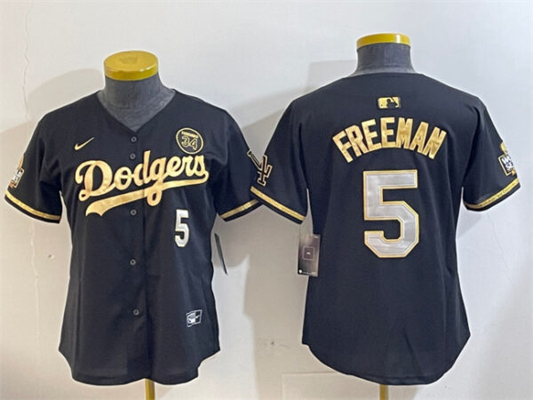 Women's Los Angeles Dodgers #5 Freddie Freeman Black Gold 2024 World Series With Fernando Memorial Patch Limited Stitched Baseball Jersey(Run Small)