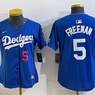 Women's Los Angeles Dodgers #5 Freddie Freeman Royal 2024 World Series With Fernando Memorial Patch Alternate Limited Stitched Baseball Jersey(Run Small)