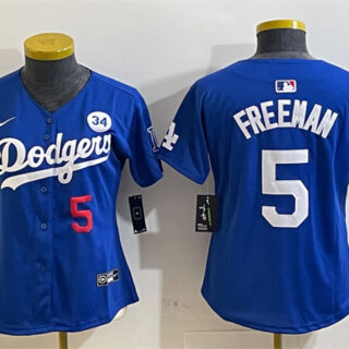 Women's Los Angeles Dodgers #5 Freddie Freeman Royal 2024 World Series With No. 34 Patch Alternate Limited Stitched Baseball Jersey(Run Small)
