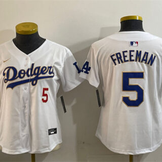 Women's Los Angeles Dodgers #5 Freddie Freeman White Gold 2024 World Series Home Limited Stitched Baseball Jersey(Run Small)
