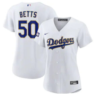 Women's Los Angeles Dodgers #50 Mookie Betts Nike White Gold 2021 Gold Program Player Jersey