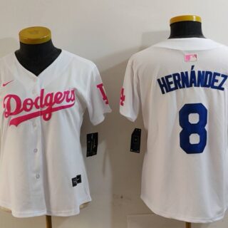 Women's Los Angeles Dodgers #8 Kike Hernandez White Pink Vin & Kobe Patch Stitched Baseball Jersey(Run Small)