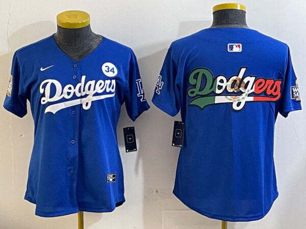 Women's Los Angeles Dodgers Blank Blue 2024 World Series With No. 34 Patch Home Limited Stitched Baseball Jersey(Run Small)