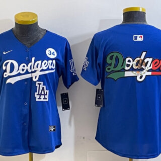 Women's Los Angeles Dodgers Blank Blue 2024 World Series With No. 34 Patch Home Limited Stitched Baseball Jersey(Run Small)