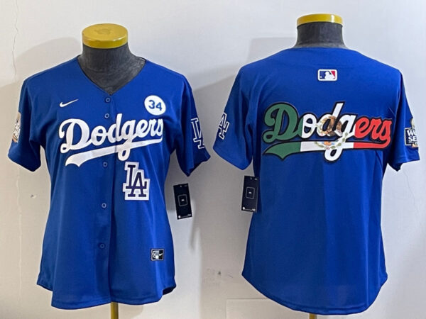 Women's Los Angeles Dodgers Blank Blue 2024 World Series With No. 34 Patch Home Limited Stitched Baseball Jersey(Run Small)