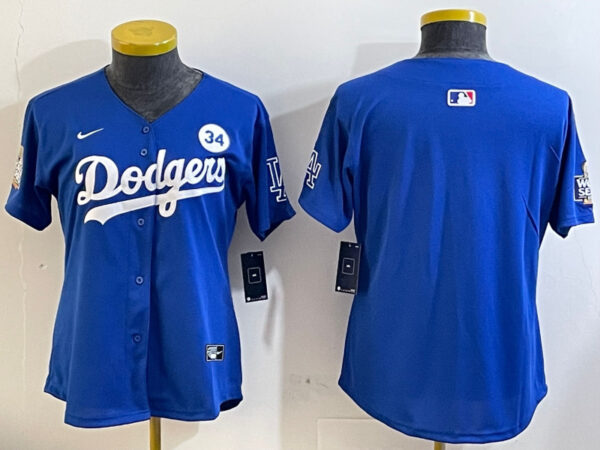 Women's Los Angeles Dodgers Blank Blue 2024 World Series With No. 34 Patch Home Limited Stitched Baseball Jersey(Run Small)