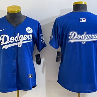 Women's Los Angeles Dodgers Blank Blue 2024 World Series With No. 34 Patch Home Limited Stitched Baseball Jersey(Run Small)