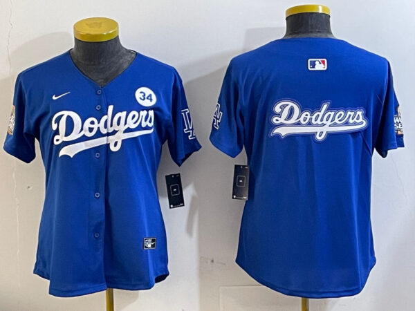 Women's Los Angeles Dodgers Blank Blue 2024 World Series With No. 34 Patch Home Limited Stitched Baseball Jersey(Run Small)
