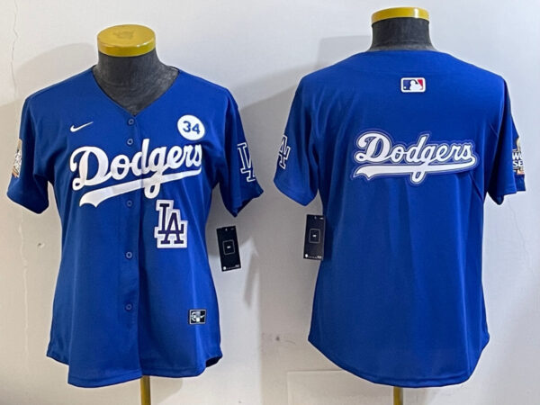 Women's Los Angeles Dodgers Blank Blue 2024 World Series With No. 34 Patch Home Limited Stitched Baseball Jersey(Run Small)