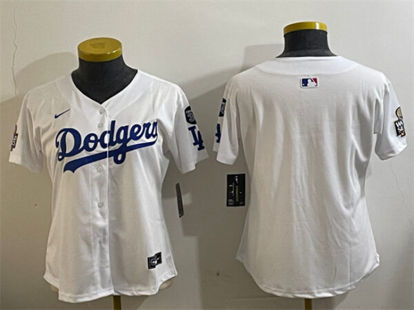 Women's Los Angeles Dodgers Blank White 2024 World Series With Fernando Memorial Patch Home Limited Stitched Baseball Jersey(Run Small)