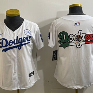 Women's Los Angeles Dodgers Blank White 2024 World Series With No. 34 Patch Home Limited Stitched Baseball Jersey(Run Small)