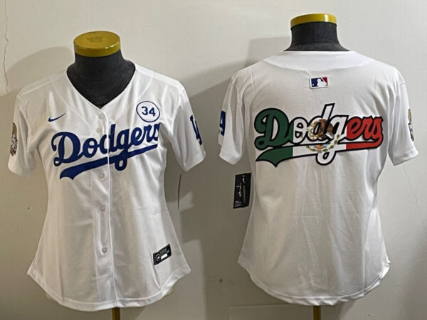 Women's Los Angeles Dodgers Blank White 2024 World Series With No. 34 Patch Home Limited Stitched Baseball Jersey(Run Small)
