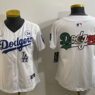 Women's Los Angeles Dodgers Blank White 2024 World Series With No. 34 Patch Home Limited Stitched Baseball Jersey(Run Small)