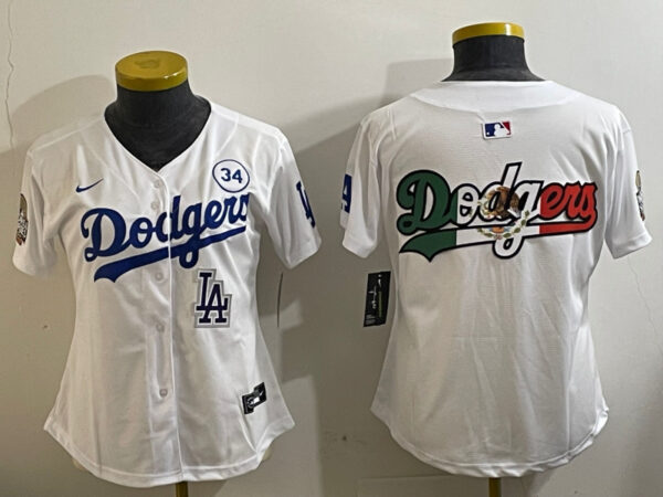 Women's Los Angeles Dodgers Blank White 2024 World Series With No. 34 Patch Home Limited Stitched Baseball Jersey(Run Small)