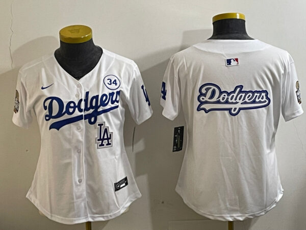 Women's Los Angeles Dodgers Blank White 2024 World Series With No. 34 Patch Home Limited Stitched Baseball Jersey(Run Small)