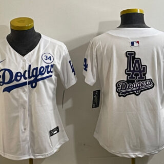 Women's Los Angeles Dodgers Blank White 2024 World Series With No. 34 Patch Home Limited Stitched Baseball Jersey(Run Small)