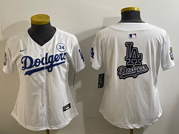 Women's Los Angeles Dodgers Blank White 2024 World Series With No. 34 Patch Home Limited Stitched Baseball Jersey(Run Small)