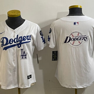 Women's Los Angeles Dodgers Blank White 2024 World Series With No. 34 Patch Home Limited Stitched Baseball Jersey(Run Small)