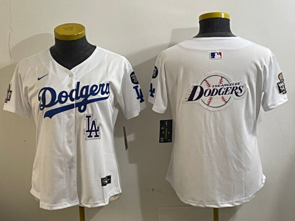 Women's Los Angeles Dodgers Blank White 2024 World Series With No. 34 Patch Home Limited Stitched Baseball Jersey(Run Small)