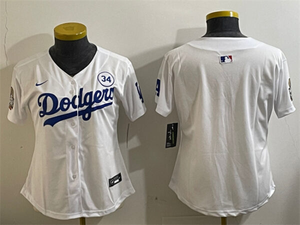 Women's Los Angeles Dodgers Blank White 2024 World Series With No. 34 Patch Home Limited Stitched Baseball Jersey(Run Small)