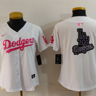 Women's Los Angeles Dodgers Team Big Logo White Pink Vin & Kobe Patch Stitched Baseball Jersey(Run Small)