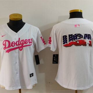 Women's Los Angeles Dodgers Team Big Logo White Pink Vin & Kobe Patch Stitched Baseball Jersey(Run Small)