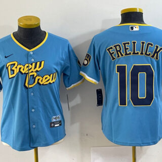 Women's Milwaukee Brewers #10 Sal Frelick Powder Blue City Connect Cool Base Stitched Jersey(Run Small)